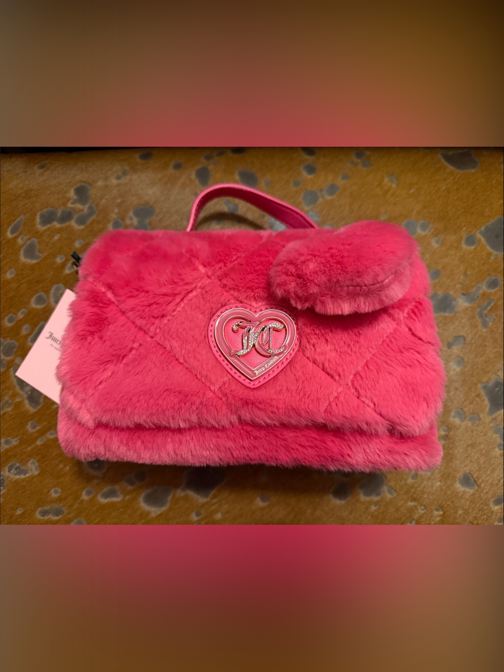 Juicy Couture Hot Pink Faux Fur Crossbody Bag with Heart Logo